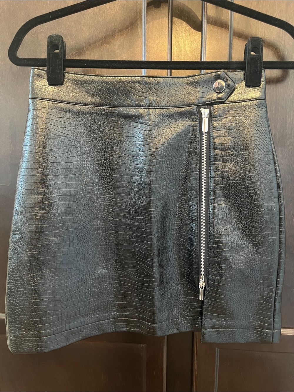 Black Faux Leather Croc Zip-Front Mini Skirt